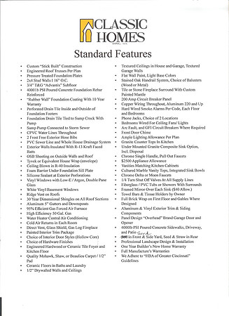 Standard Features Classic Homes